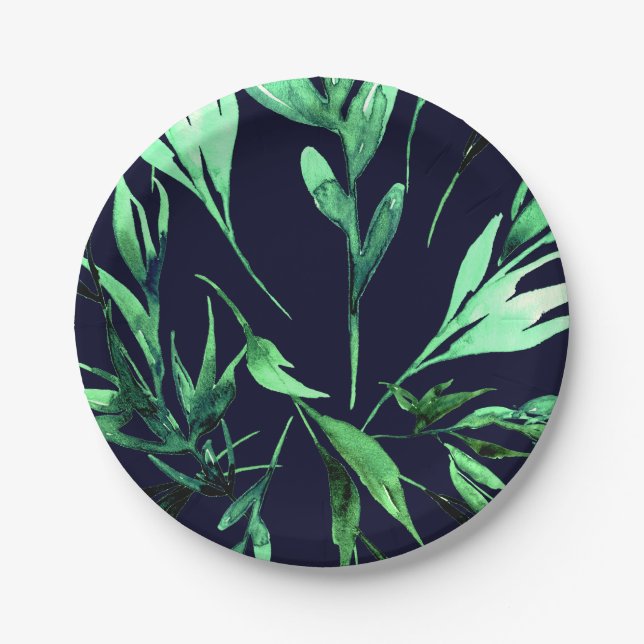 Grüne Blaue Wasserfarbe Botanische Glam Hochzeit P Pappteller (Vorderseite)