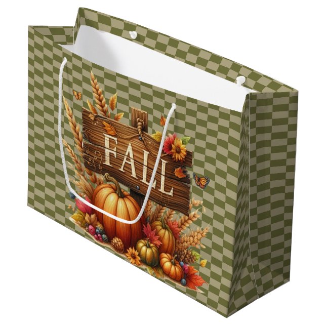 GRÜNE BLÖCKE MIT ORANGE FALL PUMPKINS GROßE GESCHENKTÜTE (Vorderseite Schrägansicht)