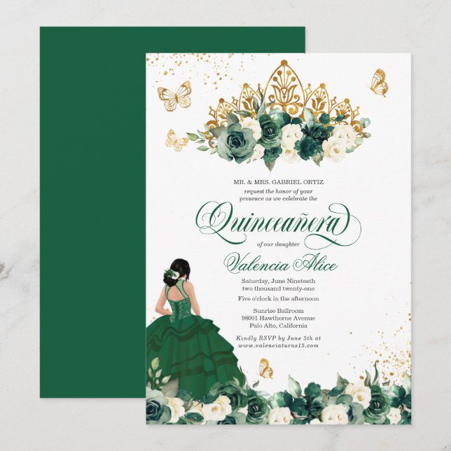 Grüne Blume Butterfly Quinceanera Einladung (Vorne/Hinten)