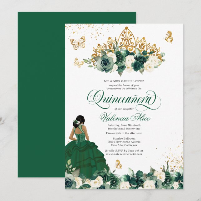 Grüne Blume Butterfly Quinceanera Einladung (Vorne/Hinten)