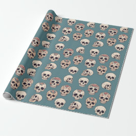 Grüne Blume Skulls animiert farbiges Halloween Geschenkpapier
