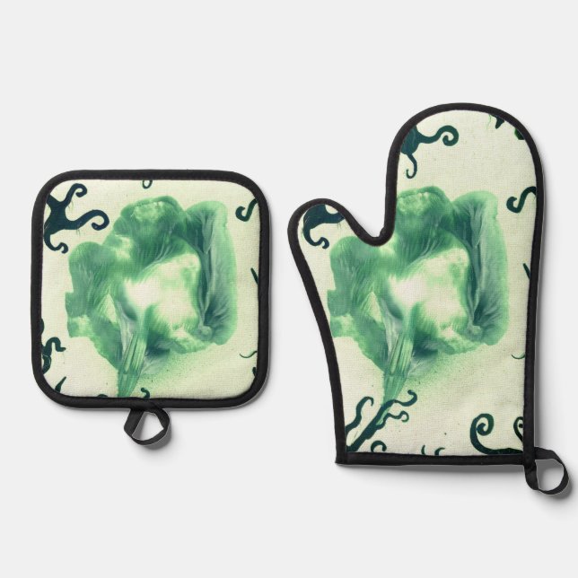 Grüne Blume und Ivy Ofenhandschuh & Topflappen-Set (Vorderseite)