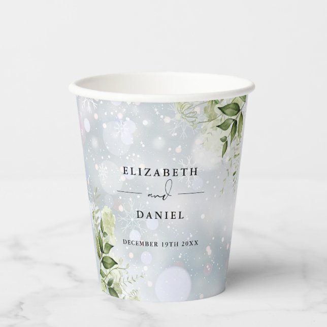 Grüne Blumen Elegant Moderne Winterhochzeit Pappbecher (Vorderseite)