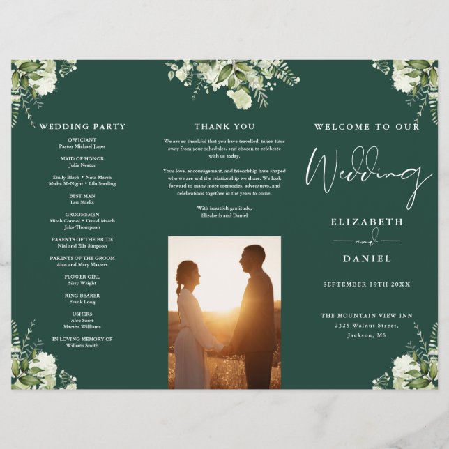 Grüne Blumen Emerald-Trifalt-Wedding-Programm Flyer (Vorne)