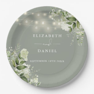 Grüne Blumen-Girlanden-Lichter Sage-Grüne Hochzeit Pappteller
