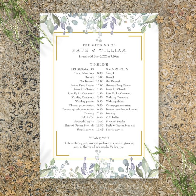 Grüne Blumen Hochzeitsplan Zeitachse Programm (Greenery Floral Wedding Schedule Timeline Program)