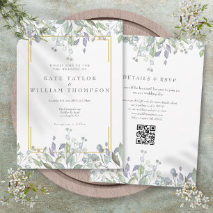 Grüne Blumen-Salbei-Lila QR-Code-Hochzeit Einladung