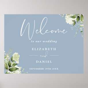 Grüne Blumen Staubblau Hochzeits-Willkommensschild Poster