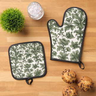 grüne Blumen und Blätter Ofenhandschuh & Topflappen-Set