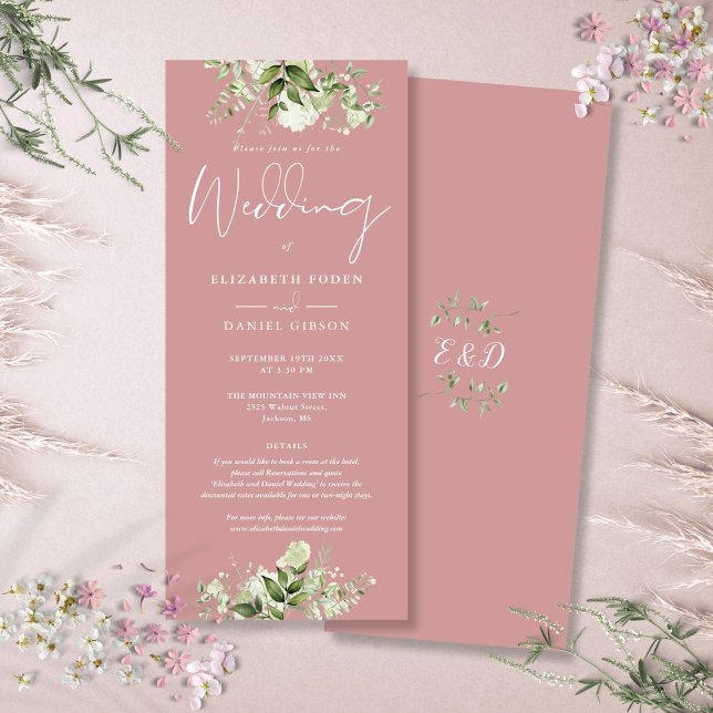 Grüne Blumendetails Dusty Rose Hochzeit Einladung (Greenery Floral Details Dusty Rose Wedding Invitation)