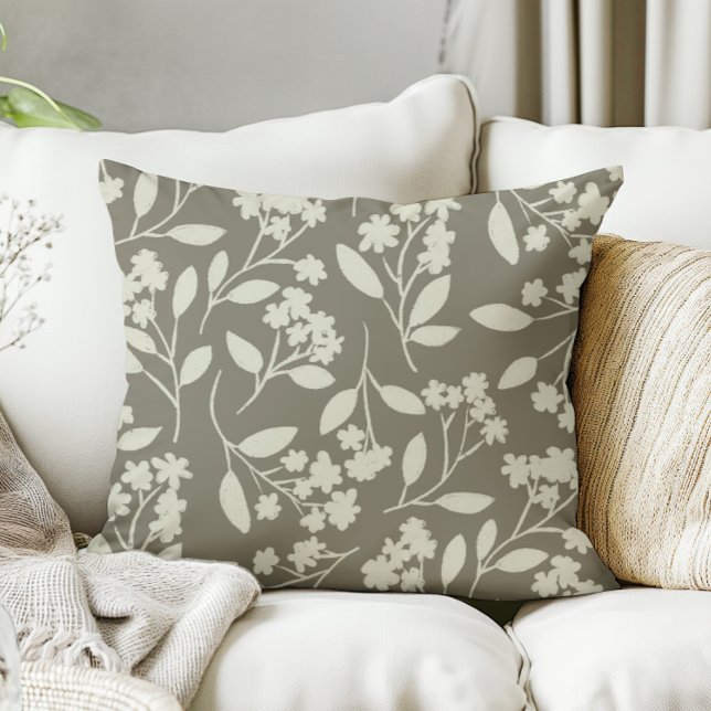 Grüne Blumenhandgezeichnete botanische Blume Kissen (hand drawn flowers on sage green pillow)