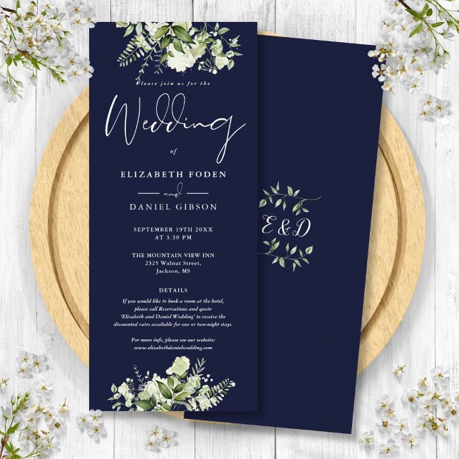 Grüne Blumenmonogramm Details Navy Blue Wedding Einladung (Greenery Floral Monogram Details Navy Blue Wedding Invitation)