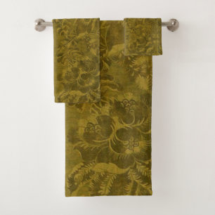 Grüne Blumenpfauenfeder Schlicht Damask Luxus Badhandtuch Set