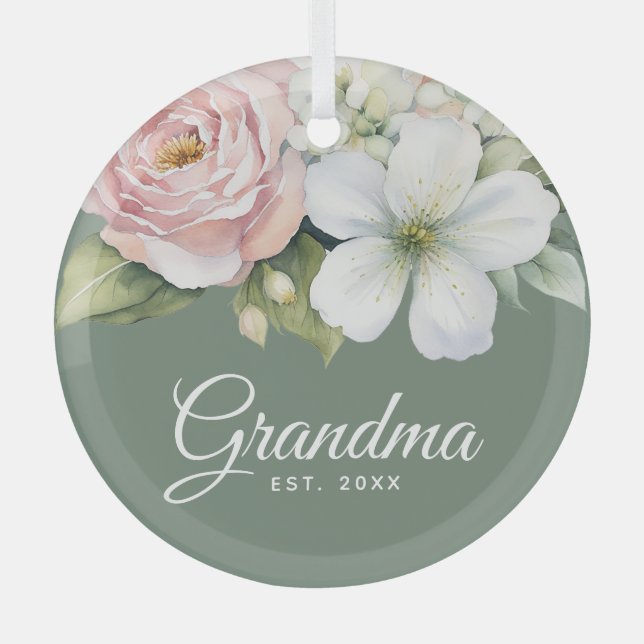 Grüne Blumenpraxis Datum des neuen Oma Ornament Aus Glas (Vorderseite)