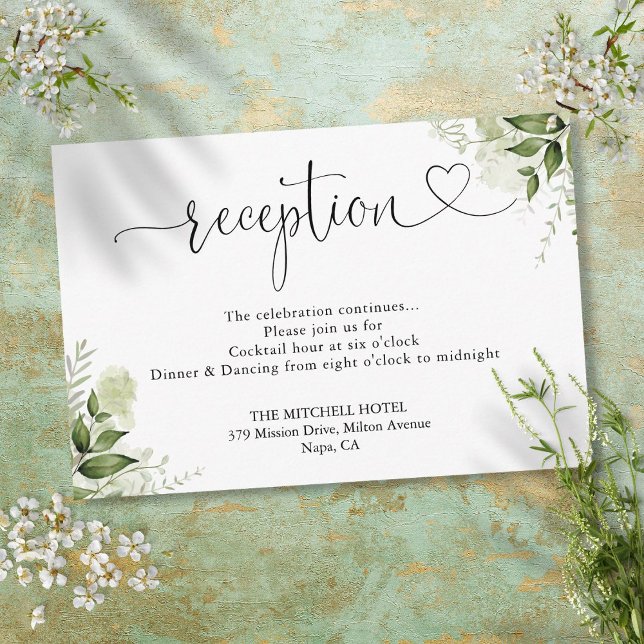 Grüne Blumenschrift Hochzeitsempfehlung Begleitkarte (Greenery Floral Heart Script Wedding Reception Enclosure Card)