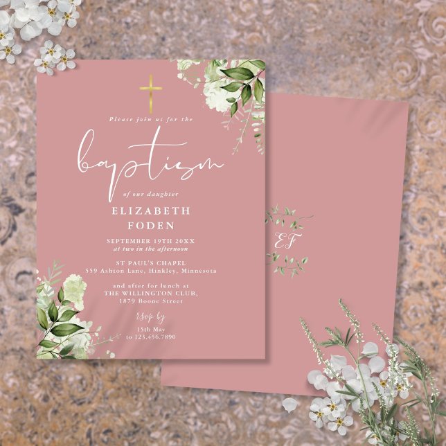 Grüne Blumenstäube Rose Rosa Taufe Einladung Postkarte (Greenery Floral Dusty Rose Pink Baptism Invitation Postcard)