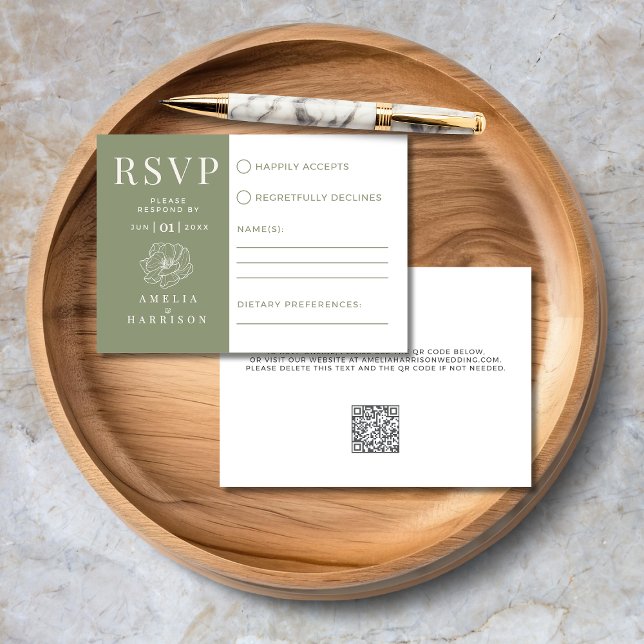 Grüne Blumenstrasse Kunst, Dichtung und Musik RSVP Karte (Sage Green Floral Line Art Elegant Wedding RSVP Card with QR Code, Dietary Preferences.)