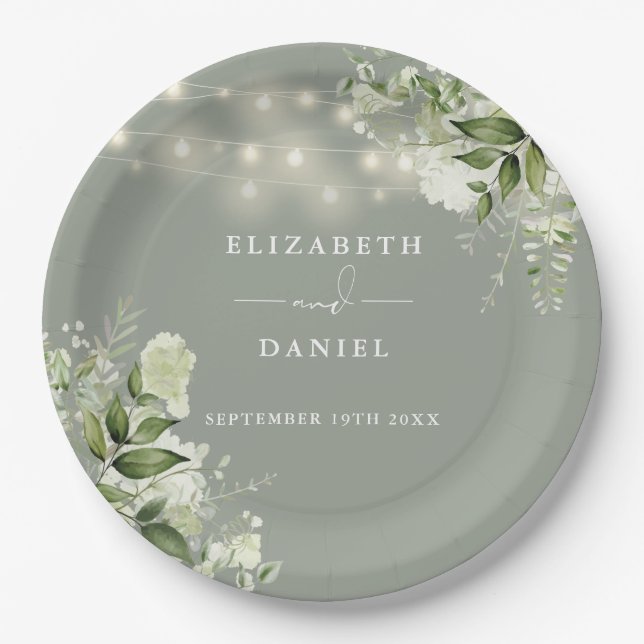 Grüne Blumenstrauß Lichter Sage Grüne Hochzeit Pappteller (Vorderseite)