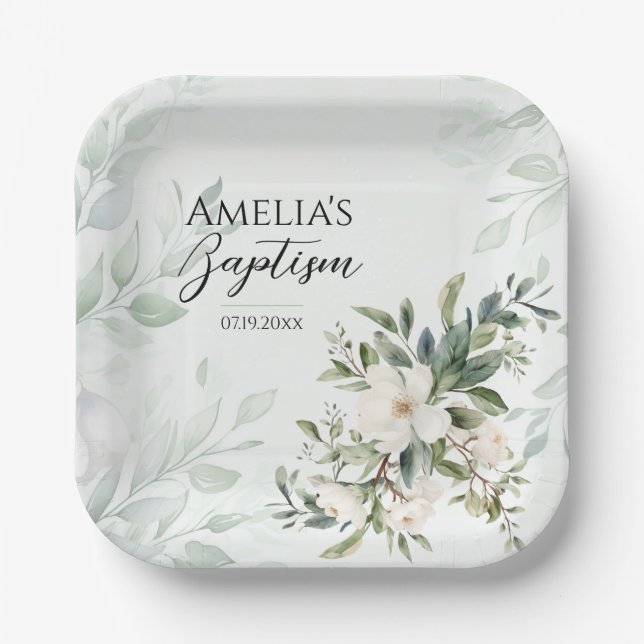 Grüne Blumentaufen Pappteller (Vorderseite)