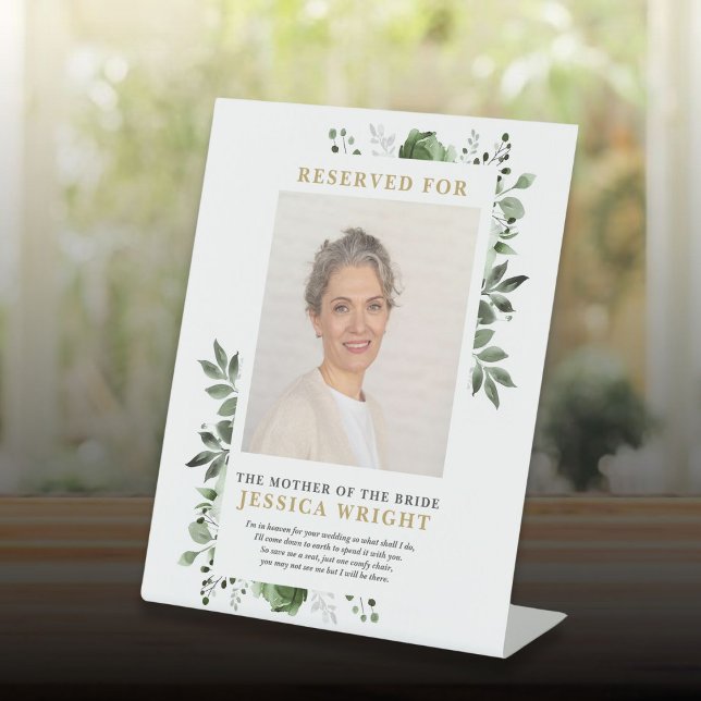 Grüne Blüte Gerettet Hochzeit eines Fotos mit Sitz Sockelschild (Green Floral Reserved Save A Seat Photo Wedding Pedestal Sign)