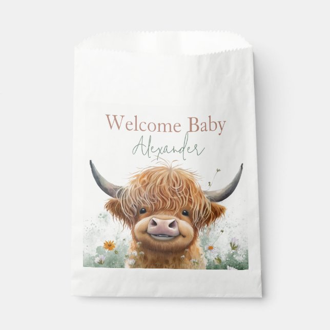 Grüne Blüte Hochland Kuh Babydusche Gefälligkeitss Geschenktütchen (Vorderseite)