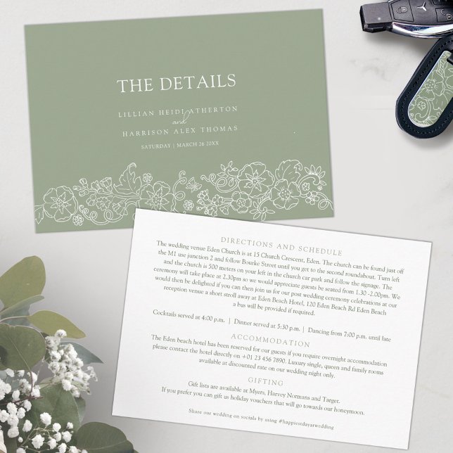 Grüne Blütenschmetterlinge Hochzeitsdetails Begleitkarte (Von Creator hochgeladen)