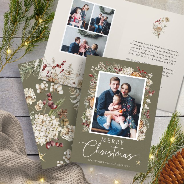 Grüne Boho-Botanik-Weihnachtskarte Karte (Sage Green Boho Rustic Botanical Christmas Card by Painted Paperie
)