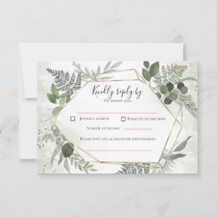 Grüne Boho-Gold-Geometrie-Wasserfarben-Hochzeit RSVP Karte