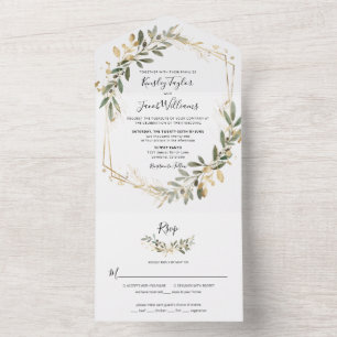 Grüne Boho-Sage- und Gold-Geometrie-Hochzeit All In One Einladung