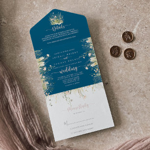 Grüne Boho-Wildblumen-Hochzeit in Navyblau   All In One Einladung