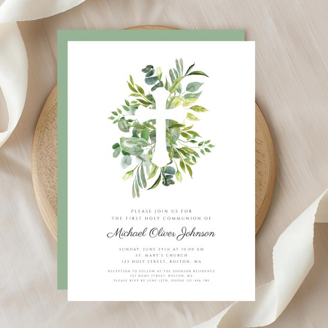 Grüne Botaniker kreuzen religiöse Erste Kommunion Einladung (Green Botanicals Cross Religious First Communion Invitation)