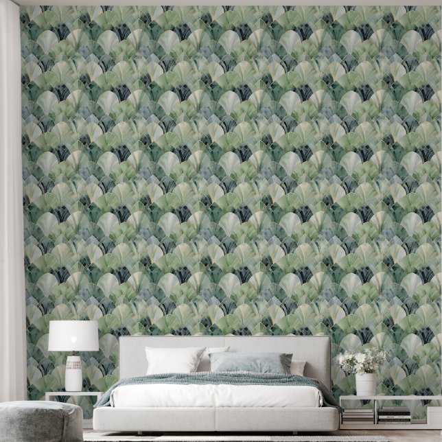 Grüne botanische Art-Déco-Blätter Tapete (Schlafzimmer)