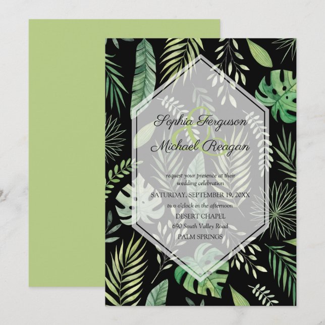 Grüne Botanische auf Schwarzen Hochzeiten Einladun (Vorne/Hinten)