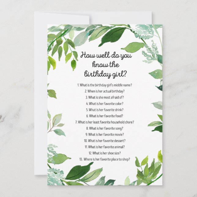 Grüne Botanische Birthday Girl Game 12x18" Größe Einladung (Vorderseite)
