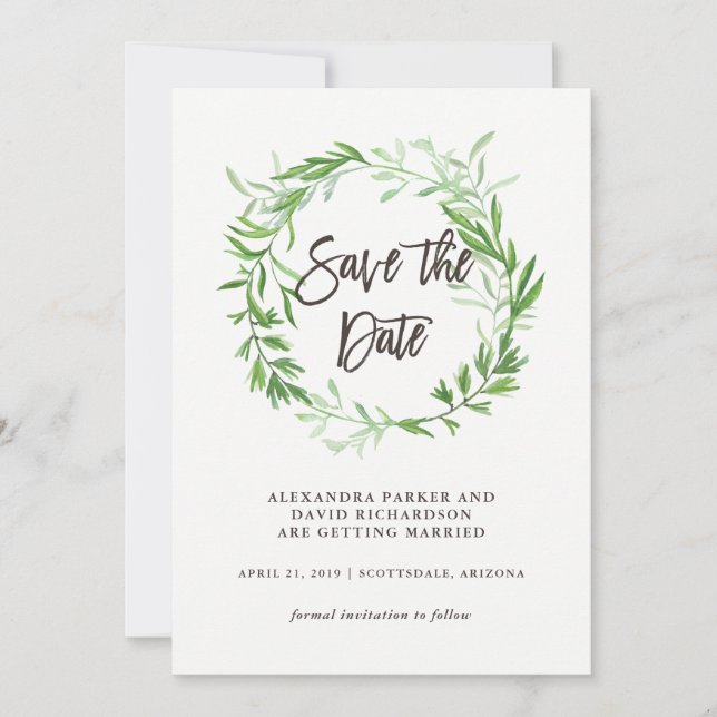 Grüne botanische Blätter Kranz Save the Date (Vorderseite)