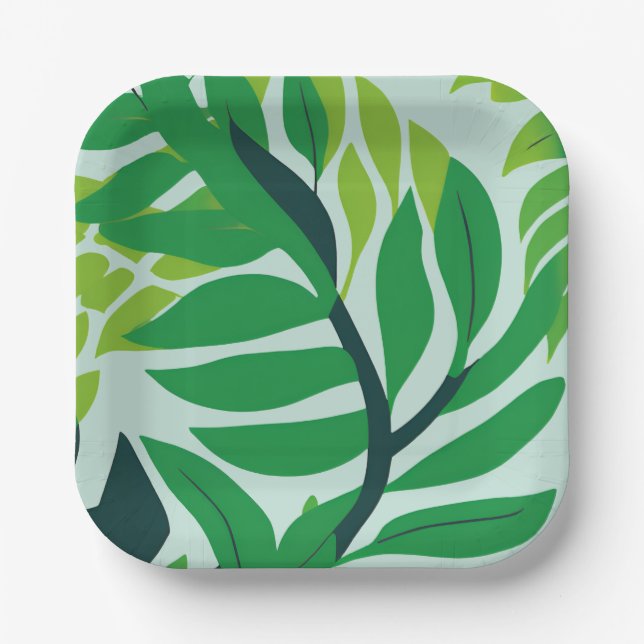 Grüne botanische Blätter Pappteller (Vorderseite)