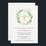 Grüne botanische Blätter Totentum Einladung<br><div class="desc">Diese elegante botanische Taufveranstaltung besticht durch einen grünen Kranz von Blätter,  die ein goldenes Kreuz aus Imitaten umgeben. Wir haben Kunst aus LABFreations benutzt.</div>