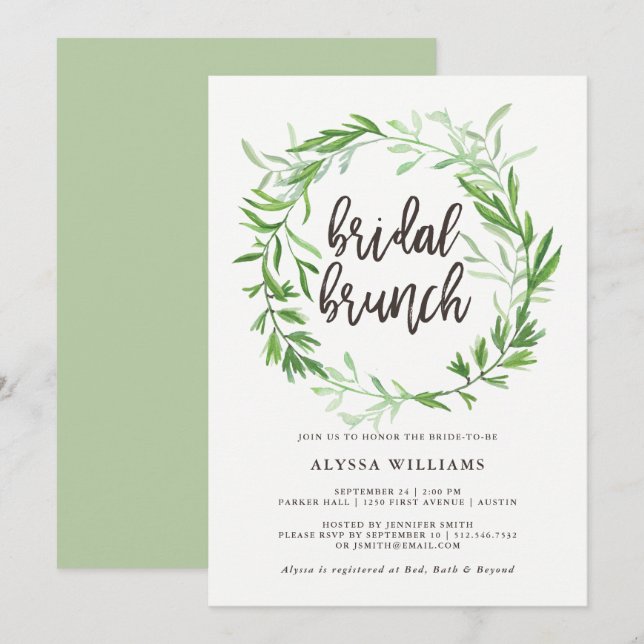 Grüne botanische Blätter Wreath Bridal Brunch Einladung (Vorne/Hinten)