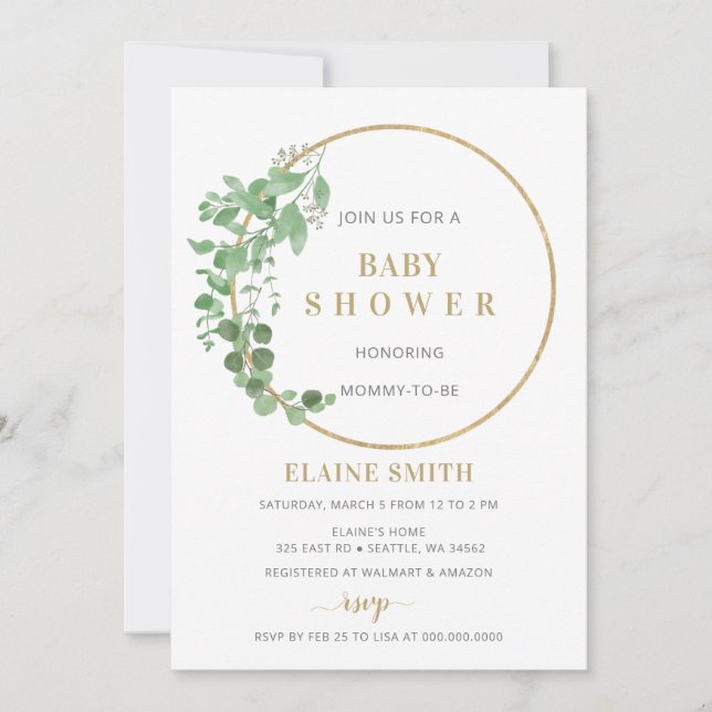 Grüne Botanische Gold Gender Neutral Baby Dusche Einladung (Vorderseite)