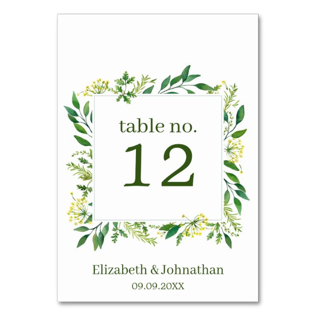 Grüne Botanische Kräuter Hochzeitsempfang Tischnummer (Vorderseite)