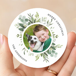 Grüne botanische Rahmen Foto Weihnachten Runder Aufkleber