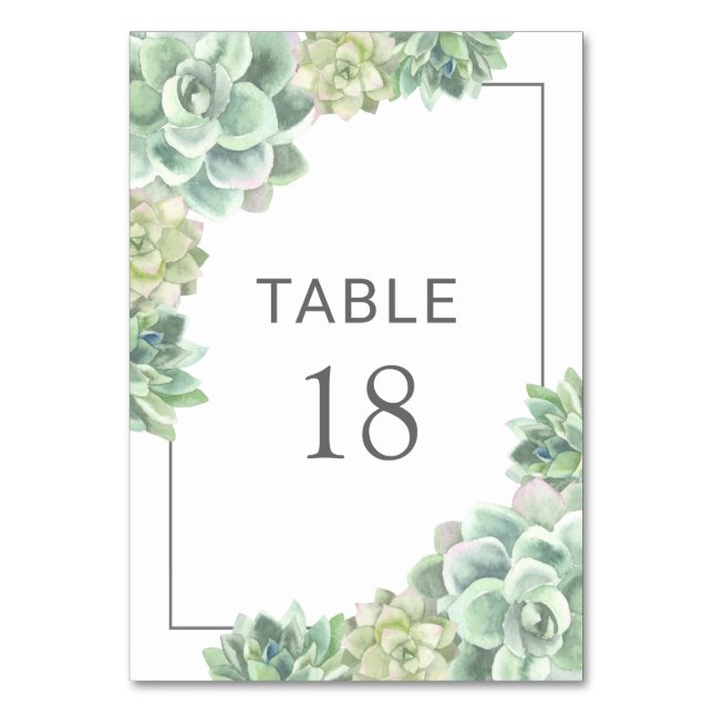 Grüne Botanische Sukkulente Elegante Hochzeit Tischnummer (Vorderseite)