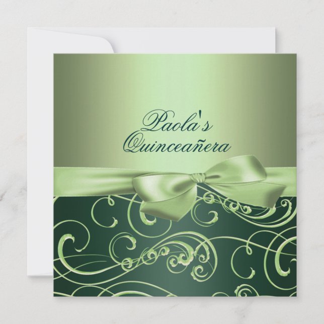 Grüne Bows & Swirl Quinceañera Einladung (Vorderseite)