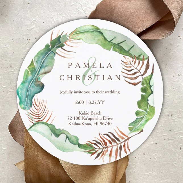 Grüne, braune tropische Bananen-Blätter, Hochzeits Einladung (Lush Tropical Banana Leaves Wedding Invitation, Round Tropical Leaves Wreath)