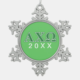Grüne Buchstaben Alphi Chi-Omegas Schneeflocken Zinn-Ornament