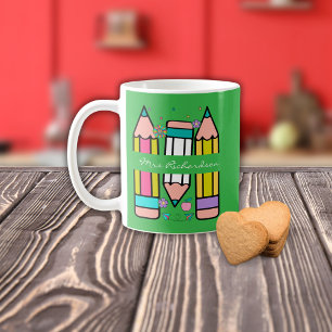 Grüne bunte Lehrkraft Name Bleistift Cartoon Kaffeetasse