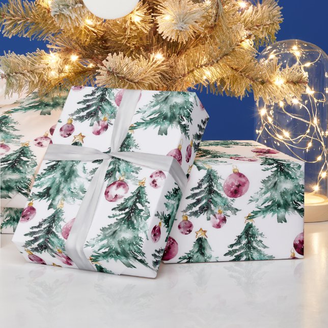 Grüne Burgund Weihnachtsbaumen Ornamente Geschenkpapier (Feiertage)
