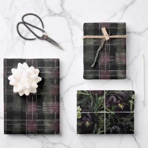 Grüne Burgunderrote Streifen Iris Blumen Geburtsta Geschenkpapier Set