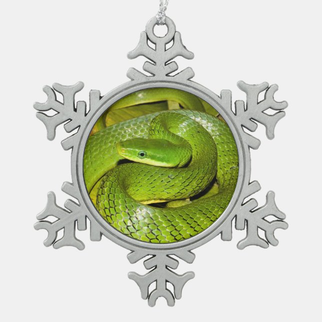 Grüne Bush-Ratten-Schlange Schneeflocken Zinn-Ornament (Vorderseite)