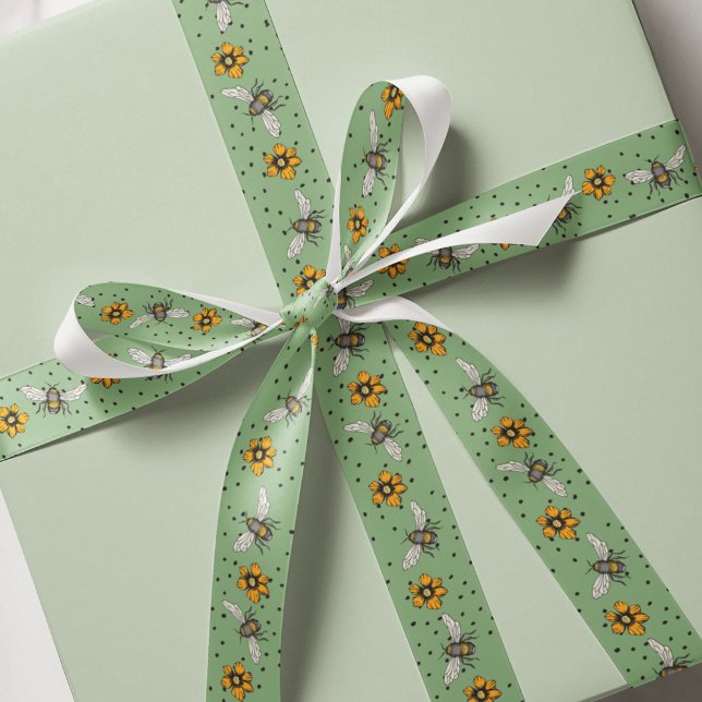 Grüne Buzzing Bees & Cosmos Blume blüht Ripsband (Elegant Bees, Flowers & Dots Pattern Ribbon in Green. Hand Drawn Cute Honeybees and Spring Flowers.)